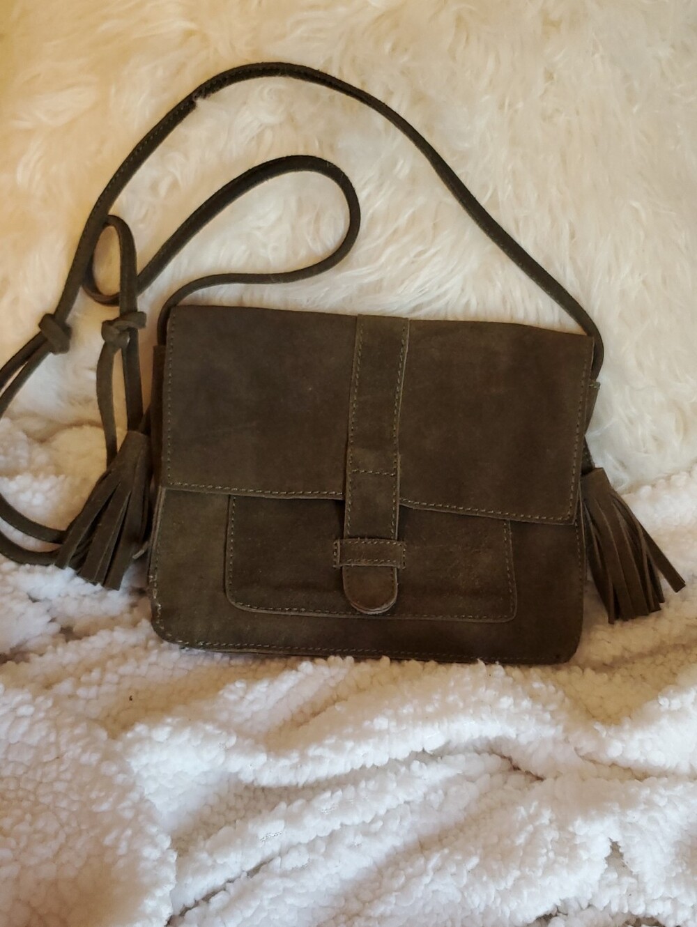 World Market Forest Green Suede Crossbody Bag with Tassels